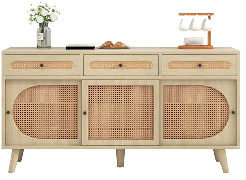 Merax Buffet Moderne 140 x 40 x 78 cm, avec étagères réglables, 3 Portes et 3 tiroirs, en rotin, avec Beaucoup d'espace de Rangement, pour Salle à Manger, Salon et Chambre à Coucher, Couleur Bois