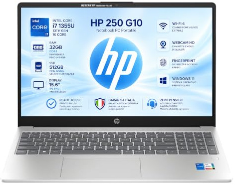 HP 250 G10 Notebook PC Portatile, Intel Core i7 1355u 13Th 10Core | Ram 32GB, SSD 512GB, 15.6 IPS FHD, Wi-Fi 6, Webcam HD, Fingerprint, Win 11, Garanzia Italia, Ready to use
