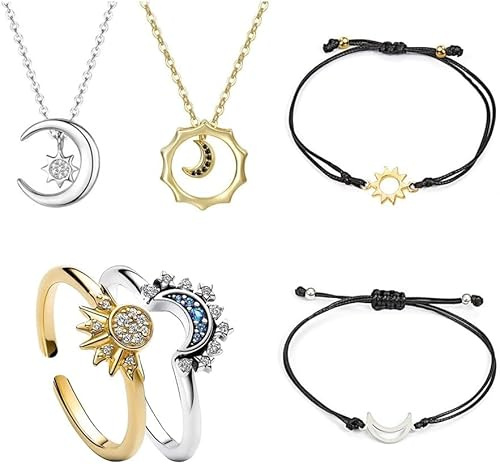 TOFBS Set di Gioielli Sole e Luna Anello Collana Bracciali Parure Argento Oro Regolabili Anelli Pendenti Collana Sole Luna Amicizia Coppia Bff Bigiotteria Regali per Donna SETA