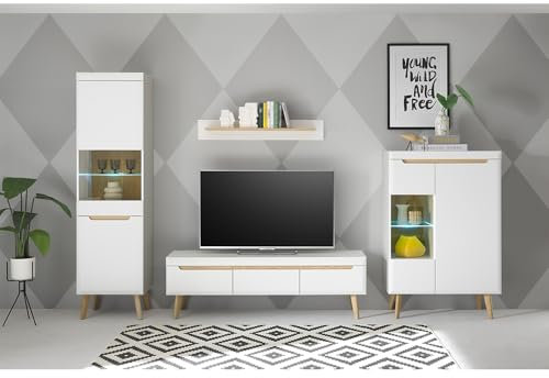 Lomadox Wohnzimmer Set in Weiß Matt mit Eiche, 4-teilig inkl. Beleuchtung, Standvitrine, Vitrine, TV-Lowboard, Wandboard