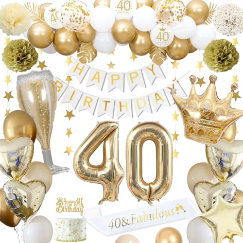 40 Geburtstagsdeko, gold 40 Geburtstag deko für Männer Frauen gold weiße Luftballons HAPPY BIRTHDAY Banner Nummer 40 Luftballons Krone Stern Herz Luftballons HAPPY 40th BIRTHDAY Kuchenaufsatz