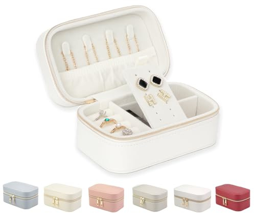 Betviv Kleines Schmuck-Reiseetui für Damen und Mädchen, Reise-Schmuckschatullen und Organizer, 6,4 cm Höhe, einlagig, tragbar, Mini-Schmuckschatulle für Ohrringe, Halsketten, Armbänder, weiße