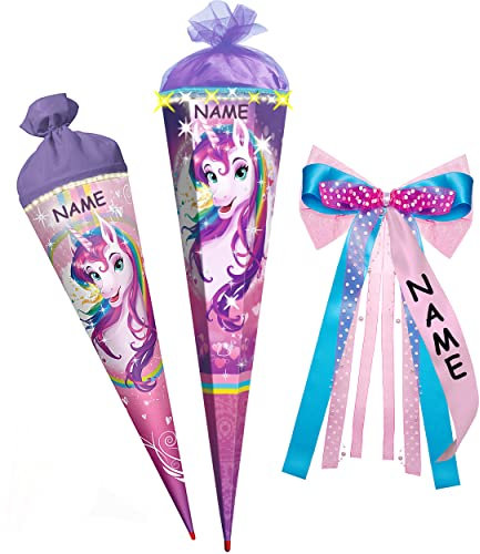 alles-meine.de GmbH Schultüte mit Glitzer ! Einhorn/Regenbogen Unicorn - 35-100 cm - Größe wählbar - mit Holzspitze - rund - incl. Name und individueller großer 3D Effekt..