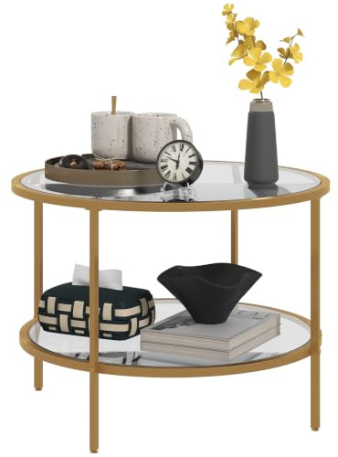 HOMCOM Beistelltisch Rund Couchtisch mit Ablage Ø60 x 43 cm Gold | Stahlrahmen, Kaffeetisch, Nachttisch, für Wohnzimmer, Schlafzimmer