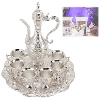 Turkish Tea Set,Vintage Turkish Coffee Pot and Cups Set with 6 Coffee Cup and Tea Tray,Turkish Flagon Shot Glasses Set Teapot Tea Service Set Alloy Wine Glass Pot Set for Tea