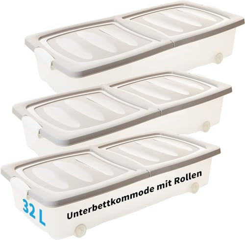 LIVINJA Unterbettkommode mit Rollen, Unterbettbox 3 Stück, Unterbett Aufbewahrungsbox 80 x 40 x 17 cm (32 Liter), Deckel geteilt, mit Clip-Verschlüssen, transparent/Sand, Made in EU