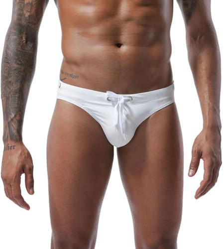 LikeJump, Costume da bagno da uomo a vita bassa, a slip o a pantaloncini, per nuoto, surf, L Bianco, L