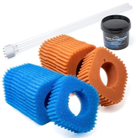 VIALIA Wartungspaket für Oase FiltoClear 30000, Ersatzteil Set, 5X Blaue und 4X rote Filterschwämme, Filterstarter, 55W UVC-Lampe gegen Keime und Algen