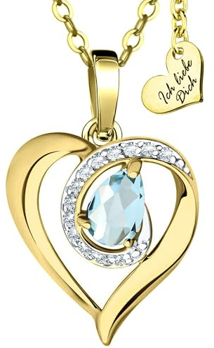 Limana Herzkette echter Edelstein Silber 925 Gold vergoldet Halskette Damen Kette mit Herz Anhänger Schmuck Liebe Geschenk für Frauen Freundin Hochzeitstag Jahrestag Goldkette
