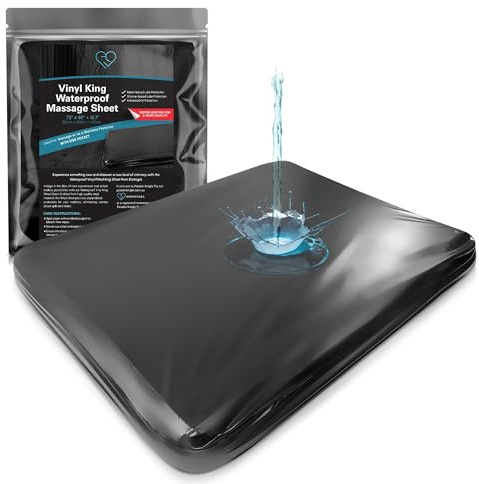 Drap-Housse de Massage imperméable en Vinyle Noir avec Poche latérale | Protège-Matelas, Couvre-lit pour Massage Nuru - Huile, à Base d'eau, sans Silicone | 183 cm x 203 cm + Poche Profonde de 40 cm