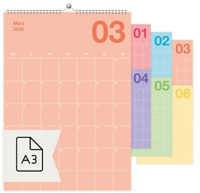 heaven+paper Design A3 Wandkalender 2026 | Premium Design & Made in Germany | Hochwertiger Monatsplaner | 12 farbcodierte Monatsseiten auf 250 g Papier | Spectrum Design