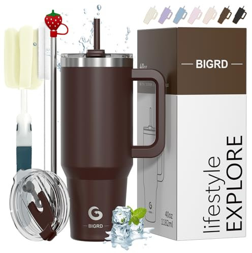 BIGRD 40oz Straw thermobecher to Go Mug,Thermal Mug,Double-Walled Stainless Steel Vacuum Leak-Proof Drinking Cup with Handle mit Straw, Portable Car Coffee Mug for Cold and Hot,Burgundy Red