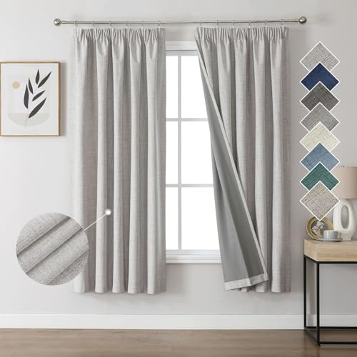 Joydeco 100% Verdunkelungsvorhänge Leinen Gardinen mit Kräuselband 2er Set H137xB132cm Grauweiß, Thermovorhang Kälteschutz Blickdicht Schallschutz Ideal für Wohnzimmer passt zu Schienensystemen