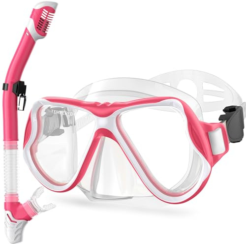 Greatever Snorkeling Gear for Kids, Dry Snorkel Set Panoramic View Snorkel Mask, Anti-Fog Scuba Diving Mask for Kids Youth Age 6-14, Unisex Swimming Goggles (Pink White)