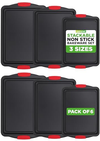 NutriChef Juego de moldes antiadherentes para hornear, bandejas de galletas de primera calidad para hornear, bandejas apilables de acero al carbono con asas de silicona rojas, aptas para horno para