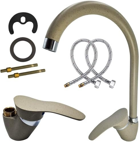 MAKA Rubinetto Lavello Cucina Avena, in Acciaio Inox - Girevole a 360° - Miscelatore Cucina con Accessori per Montaggio, Miscelatore Monocomando Beige Opaco, Rubinetto con Flessibili (Collo Alto)