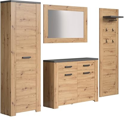 trendteam smart living - Follow - Garderoben-Set - Artisan Eiche/Matera - 4-teilig mit Schrank, Kommode, Paneel & Spiegel - 270 x 199 x 35 cm - ausziehbare Kleiderstange - Vollauszug-Funktion