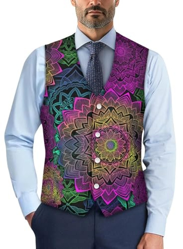 Suhoaziia Casual kostymväst för herrar, lätt, formell affärsdräkt med V-ringning för fest, bröllop och smoking, Färgglad mandala, 3XL