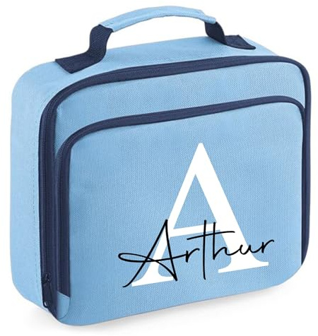 Boys Personalised Lunch Bag Box with Any Name and Inital for Back to School (Sky Blue Lunch Bag)