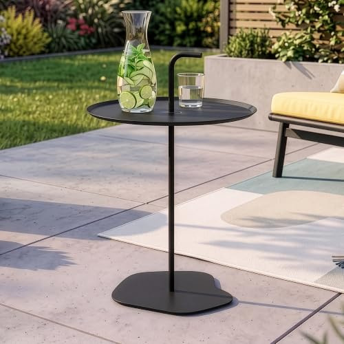 casa.pro Tavolino da Giardino con Manico Nero 57 x Ø38 cm | Tavolo da Caffè in Acciaio con Piano Rotondo Per Interno ed Esterno Balcone Terrazza Patio Salotto
