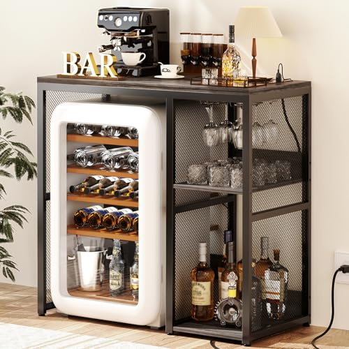 Homieasy Mini Fridge Stand Organizer with Power Outlet, Industrial Microwave Stand with Storage Shelving Unit, Space Saving Over Fridge Storage Cabinet for Home Kitchen Dorm, Grey