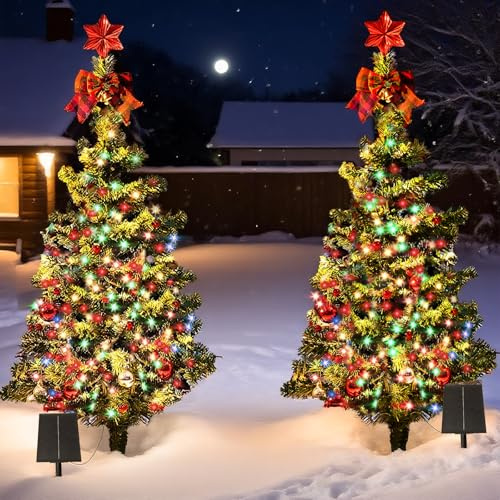 Lot de 2 Sapins de Noël Solaires de 100 LED Decoration Noel Exterieur, 8 Motifs Deco Noel Exterieur Clignotants avec Ornements pour l'extérieur, la Cour, la Véranda, Le Chemin, la Tombe, Le Cimetière