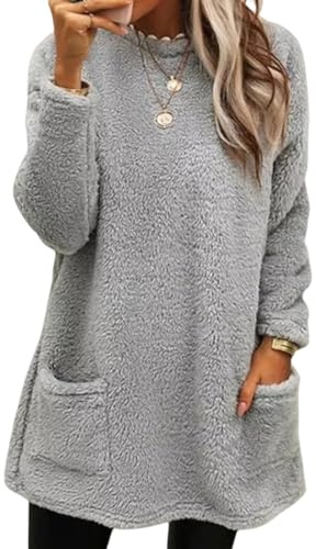 Sudaderas sin Capucha Mujer Jersey de Forro Polar Suelto Sólido Manga Larga | Sudaderas Suéter con Bolsillos Sudadera Mujer Oversize Manga Larga Otoño Casual Cuello Crew Sin Capucha