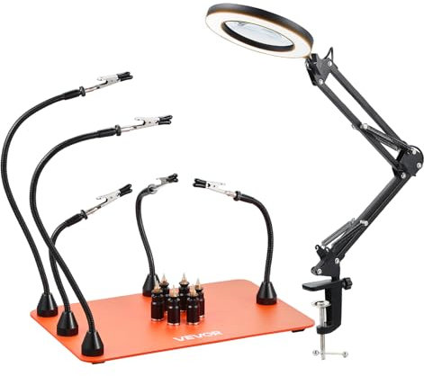 VEVOR Stazione di Saldatura Strumento Terza Mano per Saldatura con Lampada di Ingrandimento a LED 3X 5 Bracci Flessibili, 6 Supporti per PCB, Supporto per Riparazioni Elettroniche Fai da te
