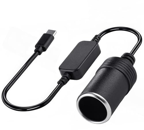 kclkda USB C Male to 12V Car Cigarette Lighter Socket Female Converter Cable, USB C to Cigarette Lighter Adapter Power Cable 12V 12W Power Cables for Dash Cam, GPS, Car LED Light Strips, Black