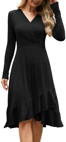 Beluring Wickelkleid Damen Elegant Langarm Tunika Kleid Sexy V-Ausschnitt Rüschensaum Kleider Schwarz M