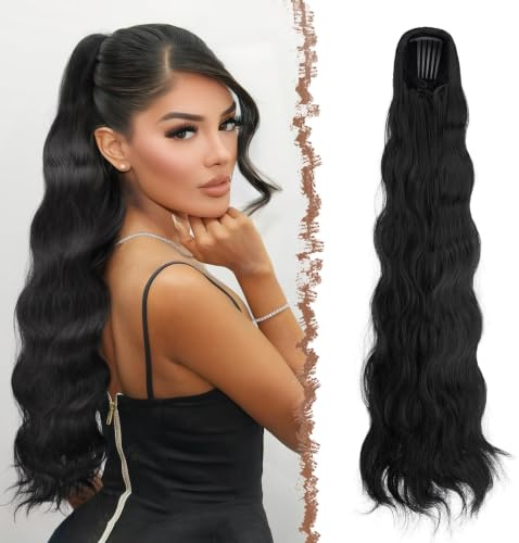 FESHFEN 75 cm Coda Cavallo Extension con Coulisse, Lunga Ricci Ondulati Coda Capelli Extension Sintetici Pettini Clip in Capelli Posticci, Nero Naturale Coda di Cavallo Naturale per Donna