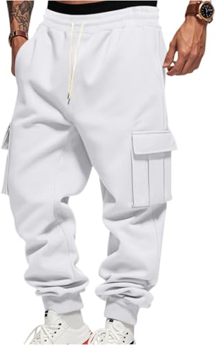 Hiking Trousers Mens Cargo Men's Casual Jogger Pants with Drawstring Waist Elastic Ankle Cuffs Work Large Side Pockets Relaxed Fit Streetwear Style White