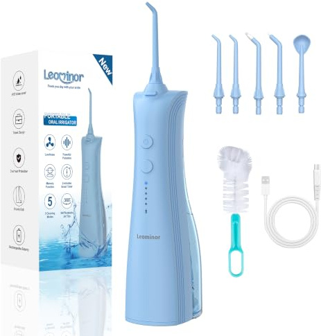 Leominor Idropulsore dentale ad acqua, 5 modalità, irrigatore orale senza fili, impermeabile IPX7, ricaricabile, per la pulizia dei denti con serbatoio datchable, per la pulizia professionale del filo