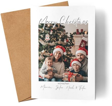 Kiddle-Design Weihnachtskarte Personalisiert mit eigenen Fotos, Familien Karte zu Weihnachten mit Namen, Bildern und Text Bedrucken, Frohe Weihnachten Grußkarte inkl. Umschlag