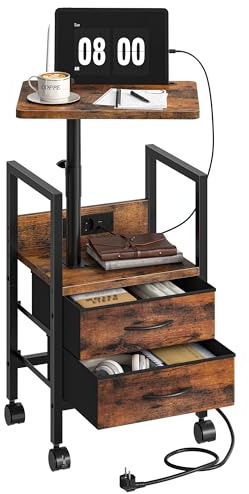 CHOEZON Höhenverstellbarer Beistelltisch mit 360°drehbarer Tischplatte, Nachttisch mit Ladestation, Sofa Beistelltisch, Laptoptisch für Wohnzimmer, Schlafzimmer, Vintagebraun und Schwarz DTBZ21CBF