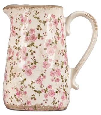 Krug/Vase in Vintage-Optik 16x19cm aus Keramik mit glasierter Oberfläche und Blüten-Dekor verziert