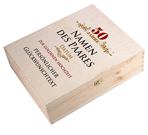 Herz & Heim® Geschenkverpackung für 3 Flaschen Wein mit pers. Druck zur goldenen Hochzeit