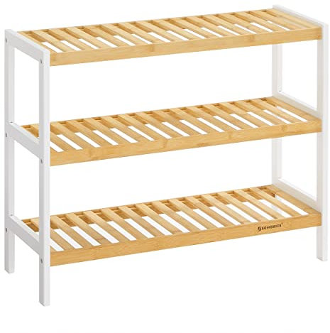 SONGMICS Scarpiera scaffali scarpe Portascarpe sgabello Bambù 3 Ripiani Capacità Fino a 9 Paia di Scarpe 70 x 26 x 55 cm LBS03H