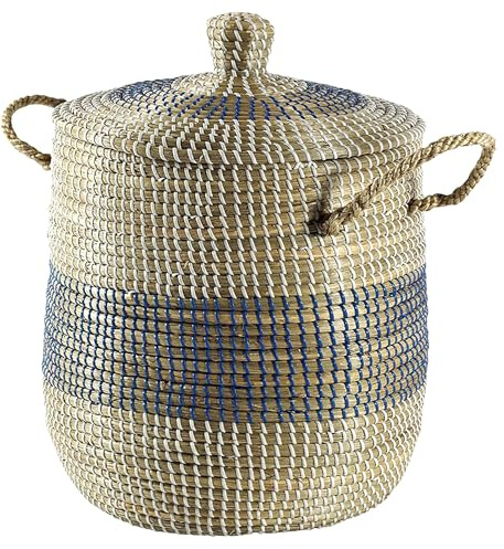 Kobolo Dekorativer Wäschekorb Aufbewahrungskorb aus Seegras mit Deckel und Henkeln im maritimen Design