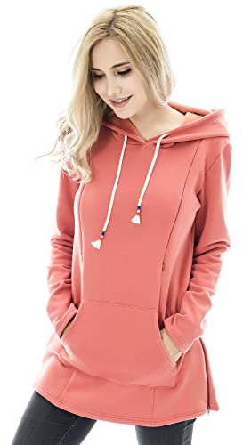 Bearsland Women's Maternity Sweater Clothes Nursing Sweatshirt Breastfeeding Hoodie with Pockets,rustyred,S