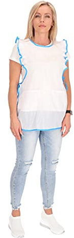 Chasuble Kasack Überwurf Schürze Dederon Nylon Nostalgie Rüsche weiß, Größe:L (46-48), Paspel:blau