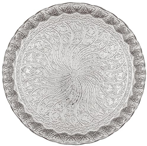 Alisveristime Türkisches Ottoman-Tablett für Kaffee und Tee, 30 cm, gewelltes Zamak-Tablett mit traditionellen Motiven, erhältlich in fünf Farbvarianten (Silber)