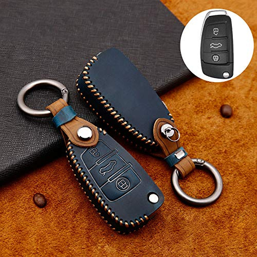 ontto Rindsleder Klapp Autoschlüssel Hülle Cover für Audi A1 A3 A4 A6 Q3 Q5 Q7 S3 R8 TT S4 S6 RS4 RS6 Seat Schlüsselhülle mit Schlüsselanhänger Schlüssel Schutz Etui Fernbedienung 3 Tasten-Blau