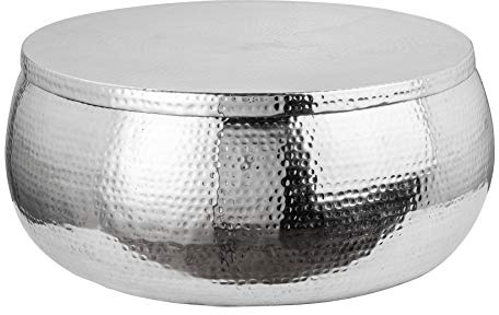 Couchtisch ORIENT STORAGE 70cm - silber - Metall - handgefertigt robust | Montiert, Stauraum, als Beistelltisch nutzbar, hochwertig, Ablagefläche, für Sofa, Hammerschlag Optik