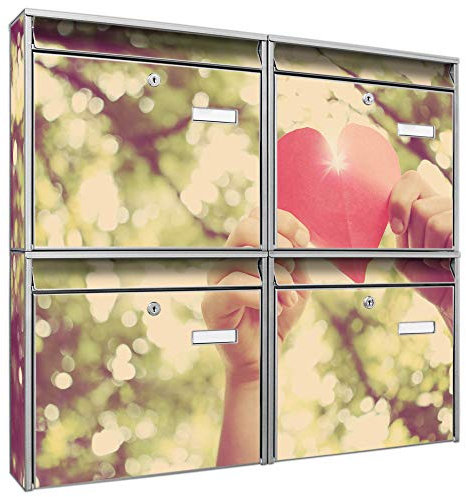 banjado Briefkastenanlage 4 Fach - Postkästen groß - verzinkter Stahl Silber DIN A4 Motiv Papierherz - Briefkasten Set 4 Briefkästen Namensschild, 2 Schlüssel, Montagematerial