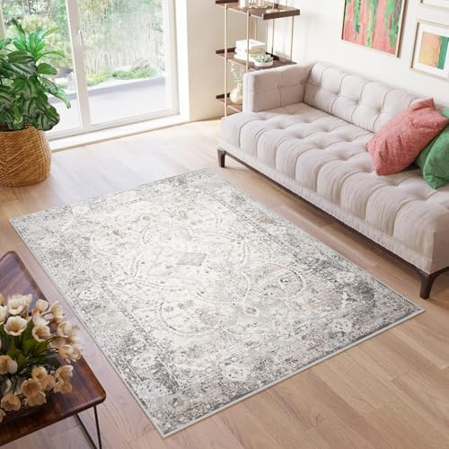 TAPISO Valley Teppich Kurzflor Vintage Creme Weiß Grau 160 x 220 cm | Design Used Effekt Meliert Verwischt Wohnzimmer Schlafzimmer OEKO-TEX