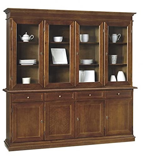 Mar.c.a. Design - Elegante Vitrine für Wohnzimmer aus Pappelholz, Kristallglas in dunklem Nussbaum mit Etagere und Basis - Wohnzimmermöbel mit 4 Türen, Kunst Povera Made in Italy