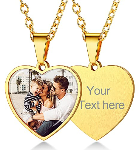 Custom4U Personalisierte Kette mit Foto & Gravur, Herz/Rund/Quadratisch Halskette mit Bildgravur aus Edelstahl, Längenverstellbar Fotokette für Damen Herren als personalisierte Fotogeschenke