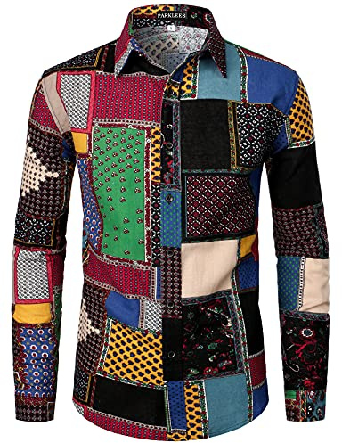 PARKLEES Chemise en coton et lin pour homme Style disco années 70 motif traditionnel imprimé à manches longues, noir/vert, L