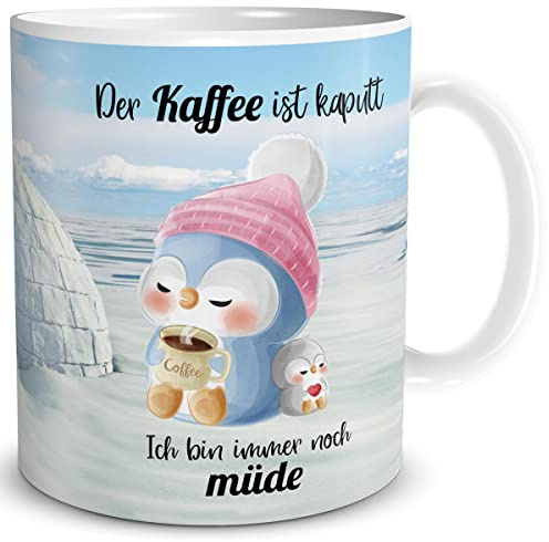 TRIOSK Pinguin Tasse Kaffee Kaputt Schlafmütze mit Spruch lustig Coffee Geschenk für Frauen Freundin Pinguinliebhaber Arbeit Büro Kollegin Bunt, Keramik 300ml